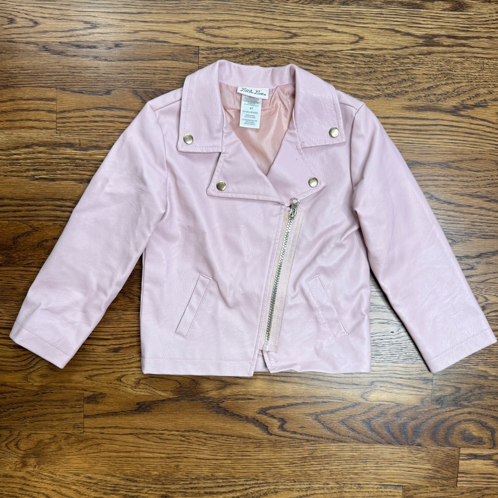 Little Lass Girls Pink Faux Leather Moto Biker Jacket w/ Gold hardware Size 4T